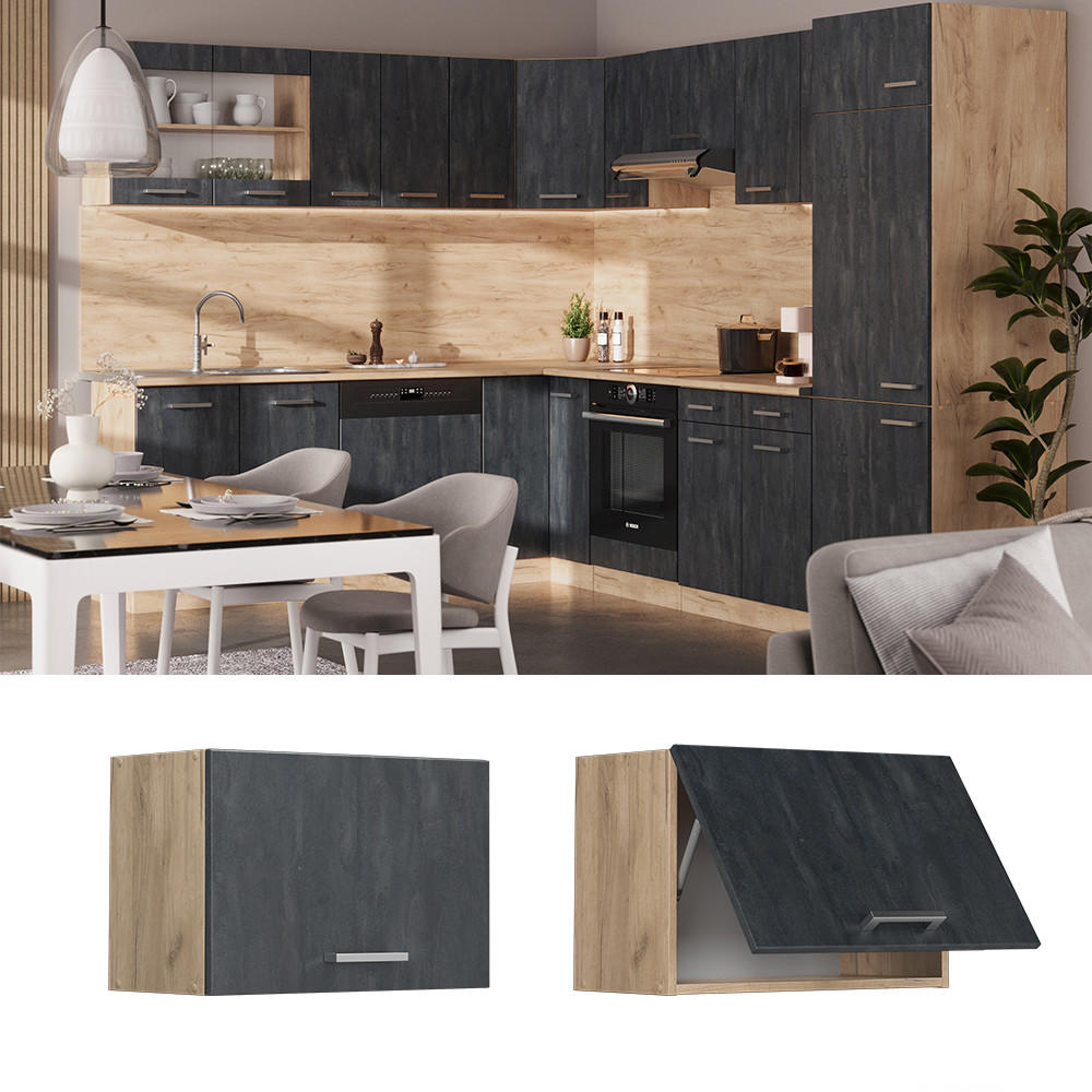 HÄNGESCHRANK R-Line Schwarz Beton 60 cm Flach - Honigeiche/Eiche Wotan, Holzwerkstoff (60/40/31cm) - Vicco