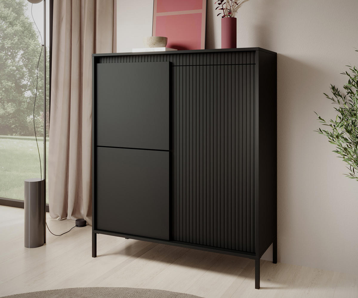 HIGHBOARD Trentinis 3T Schwarz 103,5/123,4/39,5 cm – Geriffelten Fronten - Schwarz, Holzwerkstoff/Metall (103.5/123.4/39.5cm) - AX Living