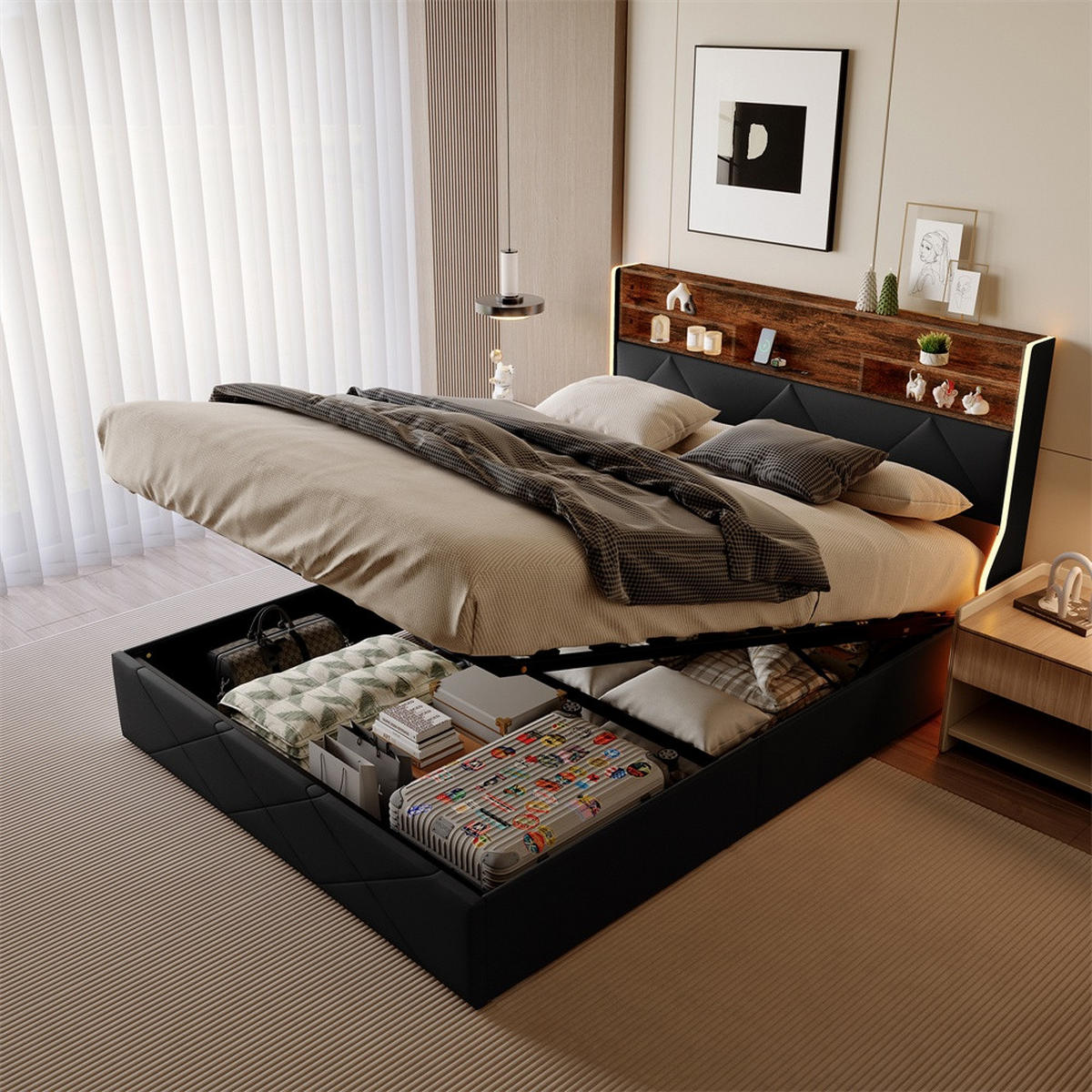 POLSTERBETT 140x200 cm mit LED-Beleuchtung - USB-Ladestation und hydraulischem Stauraum - Schwarz PU-Leder - Schwarz, Textil (140/200cm) - DELFA