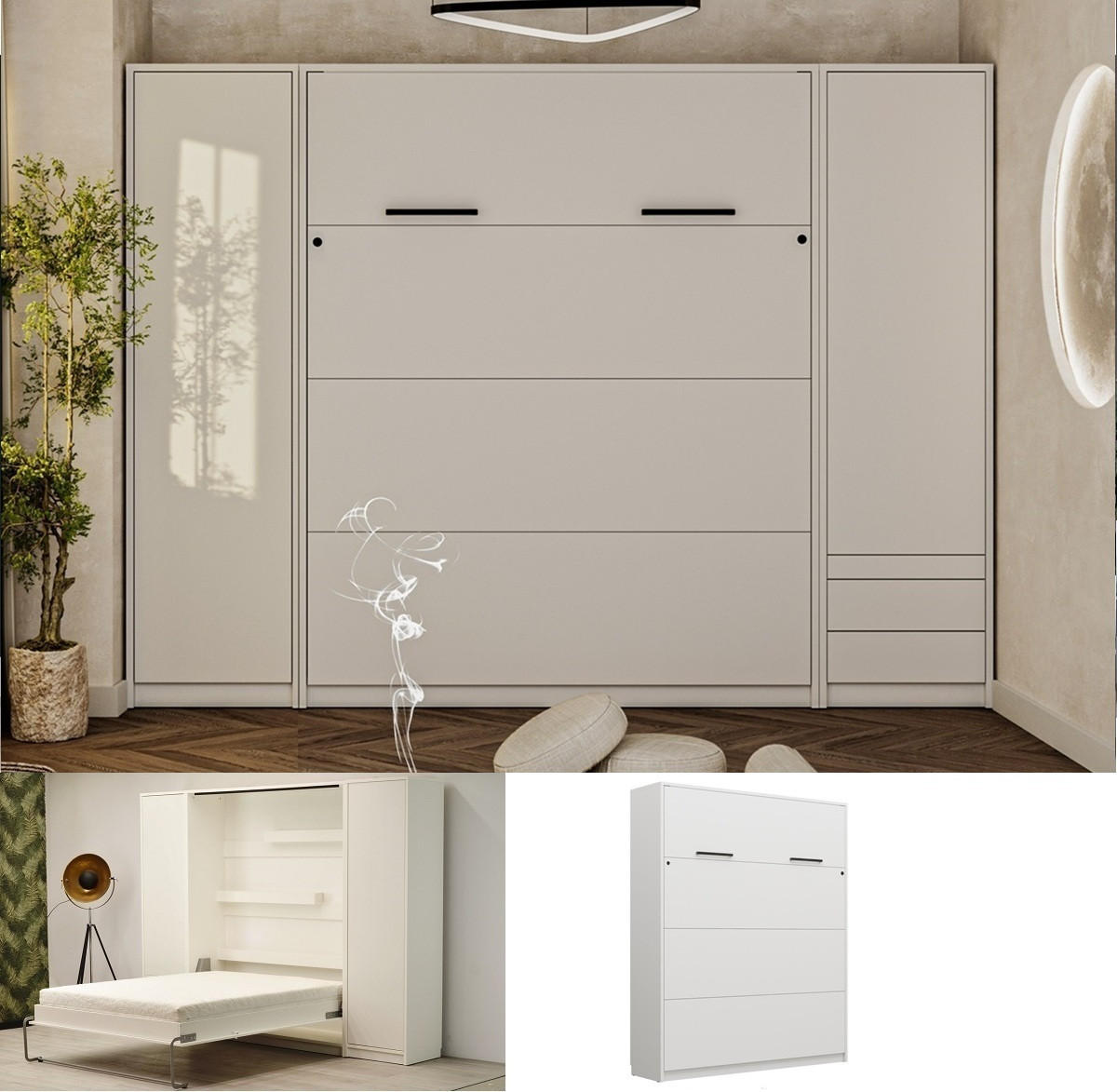 SCHRANKBETT Wandklappbett vertikal GN 160x200 mit 2 Schränken - 3-teilig - Weiß matt - Weiß, Holzwerkstoff (160/200cm) - QMM TraumMöbel