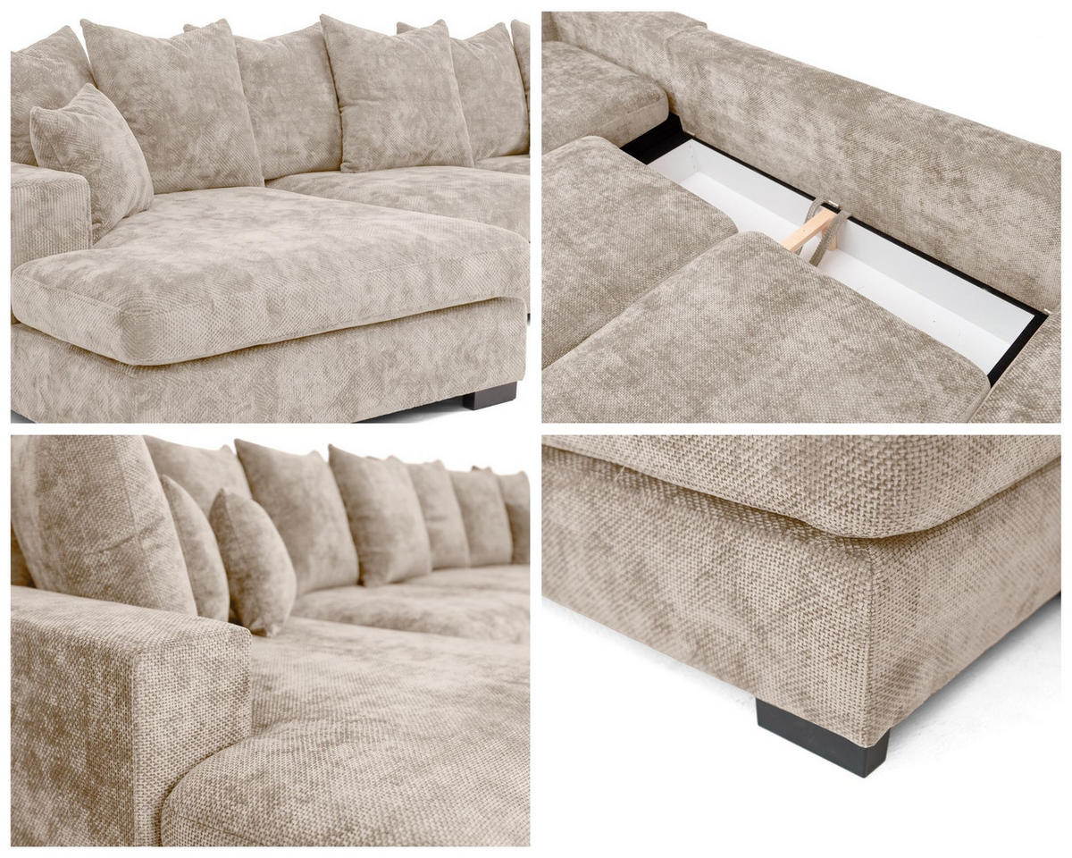 WOHNLANDSCHAFT Dahlia mit Schlaffunktion und Bettkasten in U-Form - Beige Chenille 373/92/155 cm - Beige/Schwarz, Kunststoff/Textil (373/92/155cm) - WFL GROUP
