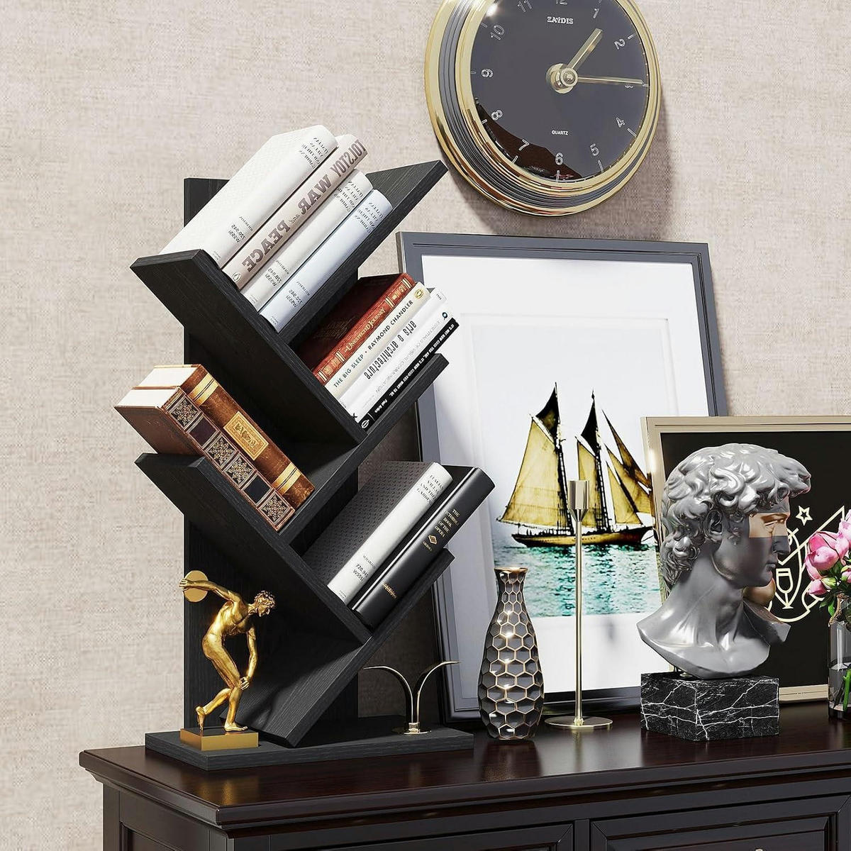 BÜCHERREGAL Baumform 4 Ebenen 60 cm Schwarz - Schwarz, Holzwerkstoff (17/60/30cm)