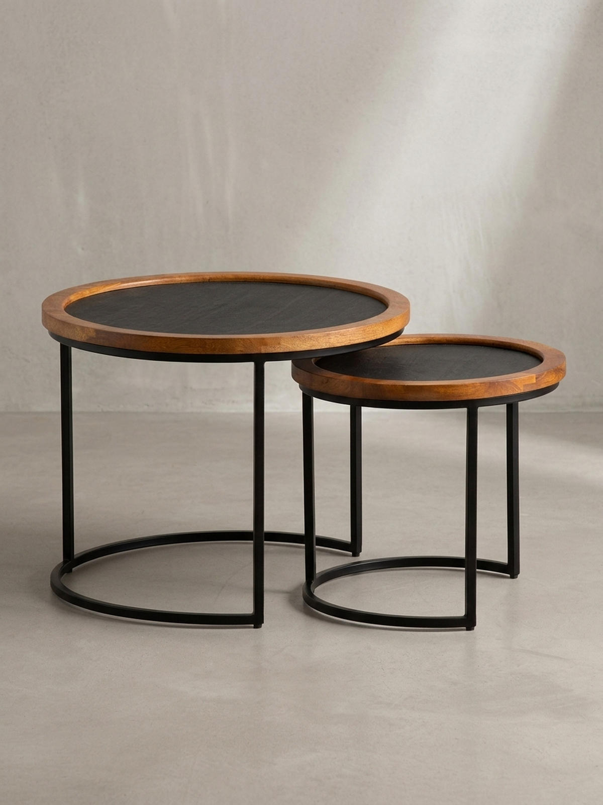 COUCHTISCH Set – 2-teilig Rund Mango Massivholz Steinoptik Metall Braun Anthrazit - Schwarz/Braun, Holz/Metall (60/60/46cm) - KADIMA DESIGN