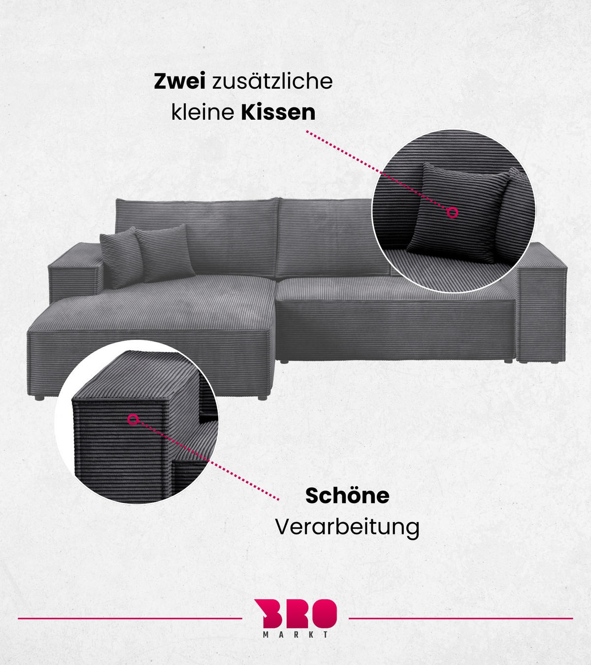 ECKSOFA Pablo mit Schlaffunktion Schwarz Cord - Schwarz, Textil (294/185cm) - Bromarkt