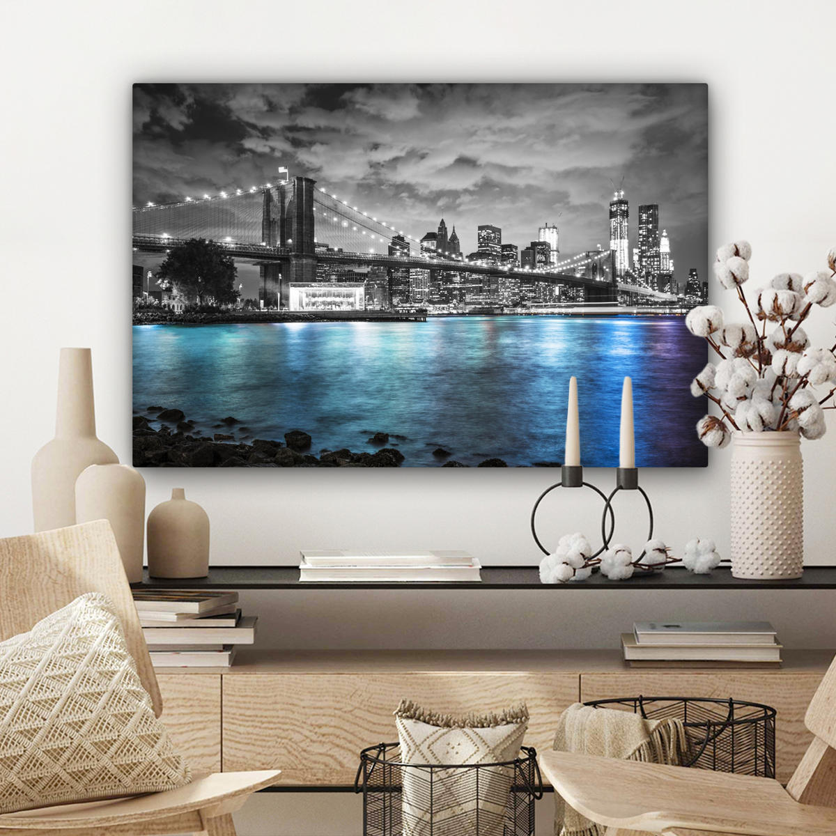 LEINWANDBILD New York - Skyline - Stadt - Blau Gemälde 60x40 cm - Blaugrau, Textil (60/40cm) - MuchoWow