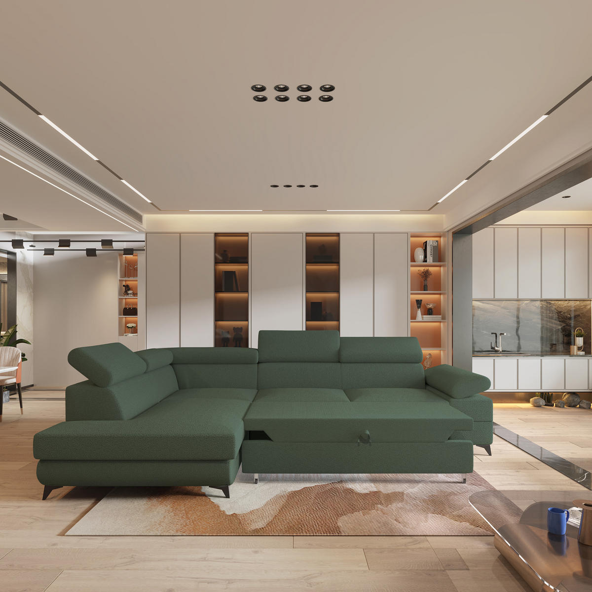 ECKSOFA FAVIEN L-S Grün Boucle-Stoff mit Schlaffunktion - Grün, Holz (257/190cm) - MASSENO