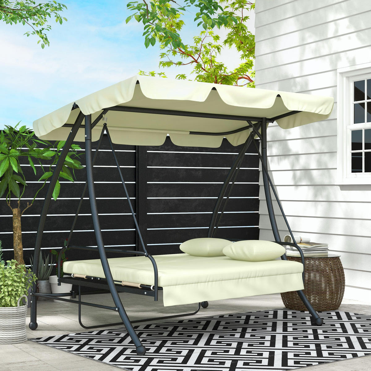 HOLLYWOODSCHAUKEL 2 in 1 mit Liegefunktion 3-Sitzer Gartenschaukel Cremeweiß - Creme, Metall (125/170/200cm) - Outsunny