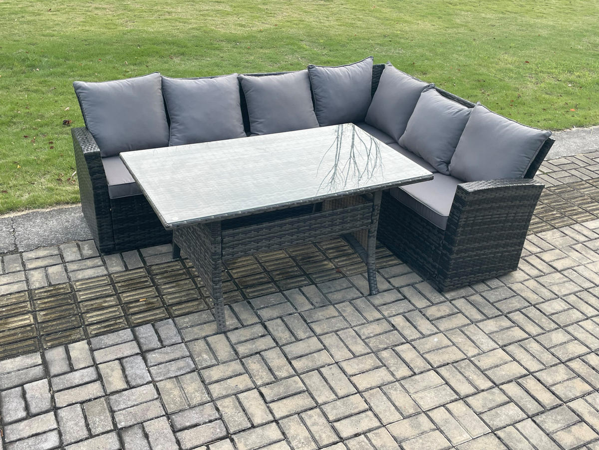 LOUNGEGARNITUR mit Esstisch Sofa Polyrattan Dunkelgrau 6-Sitzer - Dunkelgrau/Grau, Glas/Kunststoff - Fimous