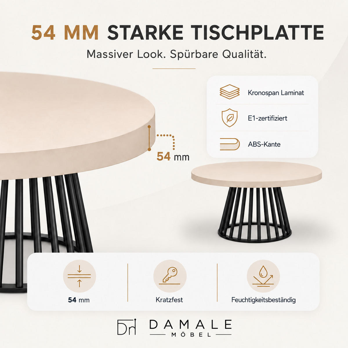 ESSTISCH rund ausziehbar 100/300/76 cm, Kaschmir, 54 cm Tischplatte + Lamellen-Metallgestell Schwarz - Kaschmir/Schwarz, Holzwerkstoff/Metall (100/300/76cm) - Damale Möbel