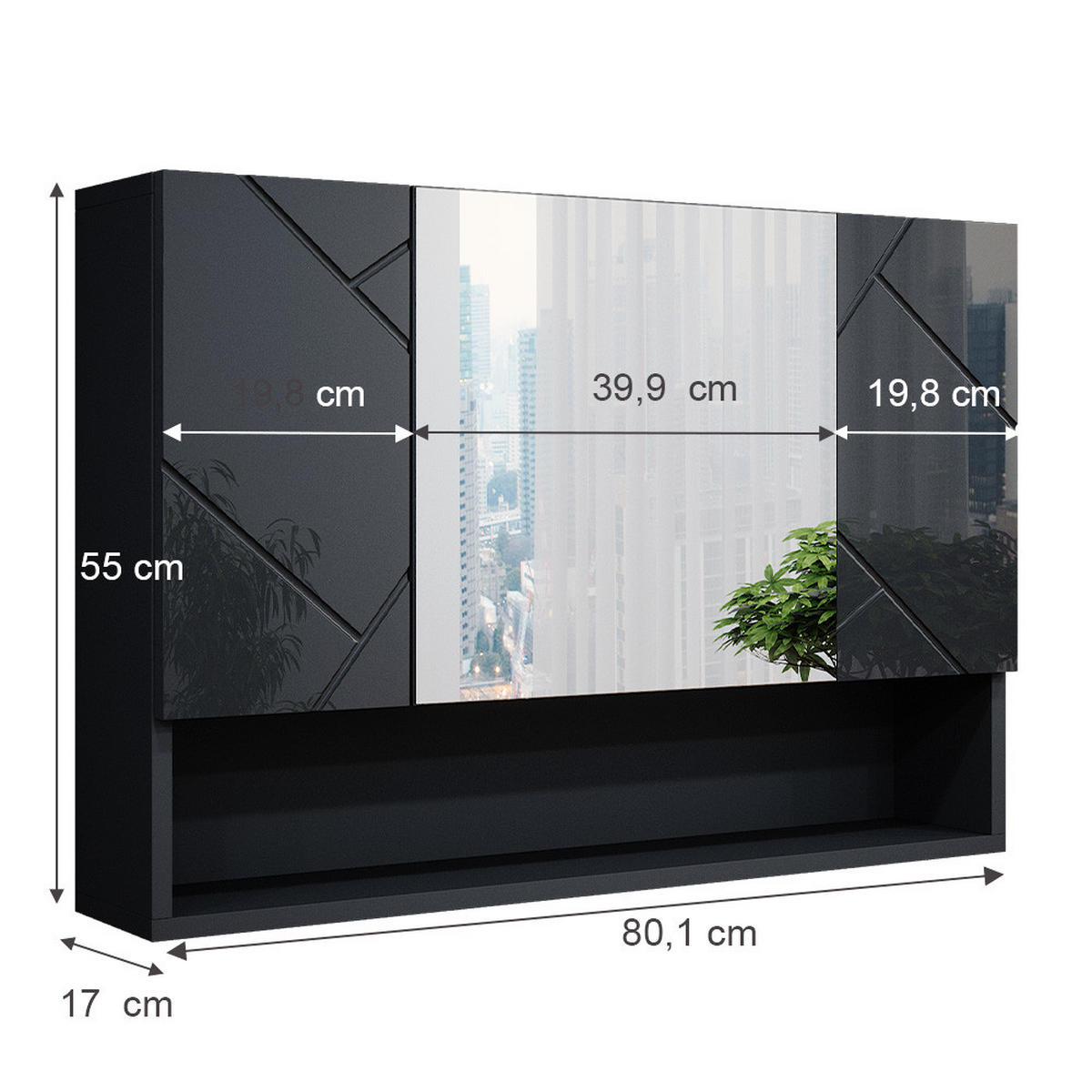 BADSPIEGELSCHRANK Irma Anthrazit Hochglanz 80.1 x 55 cm - Schwarz Hochglanz, Holzwerkstoff (80.1/55/17cm) - Vicco