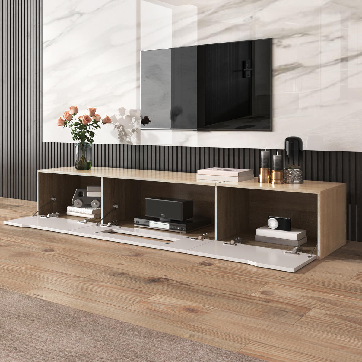 TV-BOARD Weiß und Holzfarben 180/30/35 cm mit LED-Beleuchtung - Weiß, Holzwerkstoff (180/35/30cm) - PANGIVO