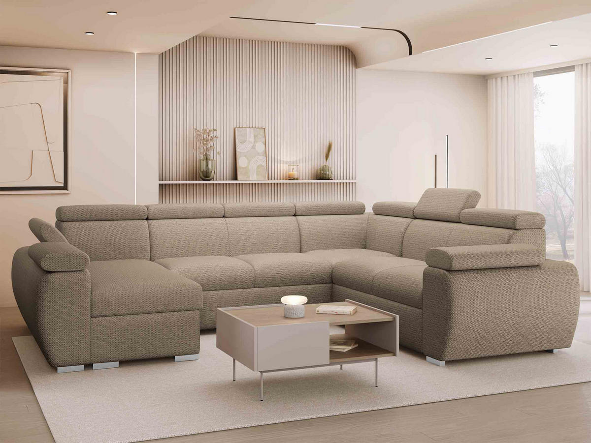 WOHNLANDSCHAFT Boston U, Seite: Links - LC+2P+R+2R - Chromfarben/Beige, Holz/Textil (325/98/260cm) - MIRJAN24