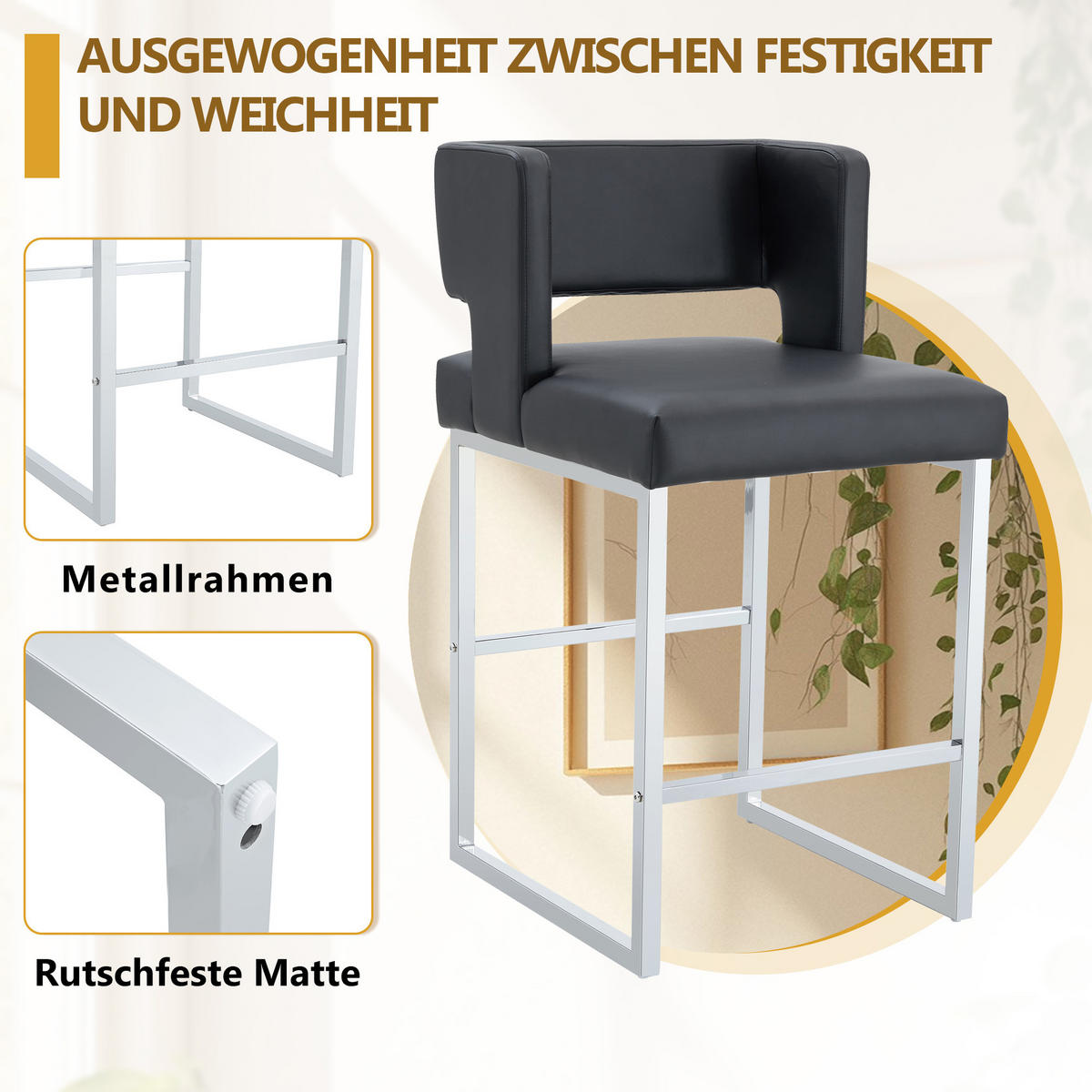 BARHOCKER 2er-Set Schwarz & Silber mit PU-Leder im quadratischen Design - Schwarz, Metall (48/91.4/53.3cm) - PANGIVO
