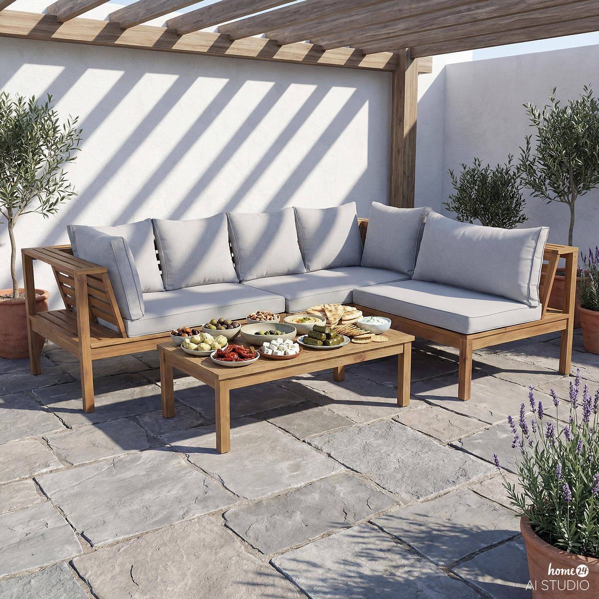 LOUNGESET - 4-teilig - Akazie massiv / Webstoff - Braun / Beige - Hellgrau, Holz/Textil - home24