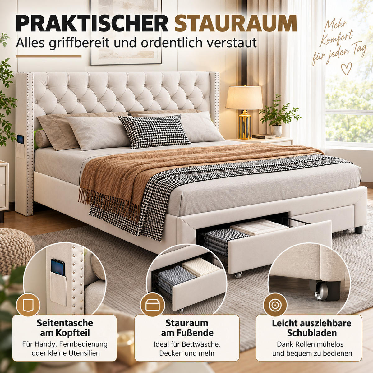 POLSTERBETT 180/200 cm mit LED-Beleuchtung, USB-Ladestation & 2 Aufbewahrungsschubladen, Chesterfield Knopfsteppung mit Nietenbesatz - Beige, Holz/Metall (180/200cm) - Joyfair