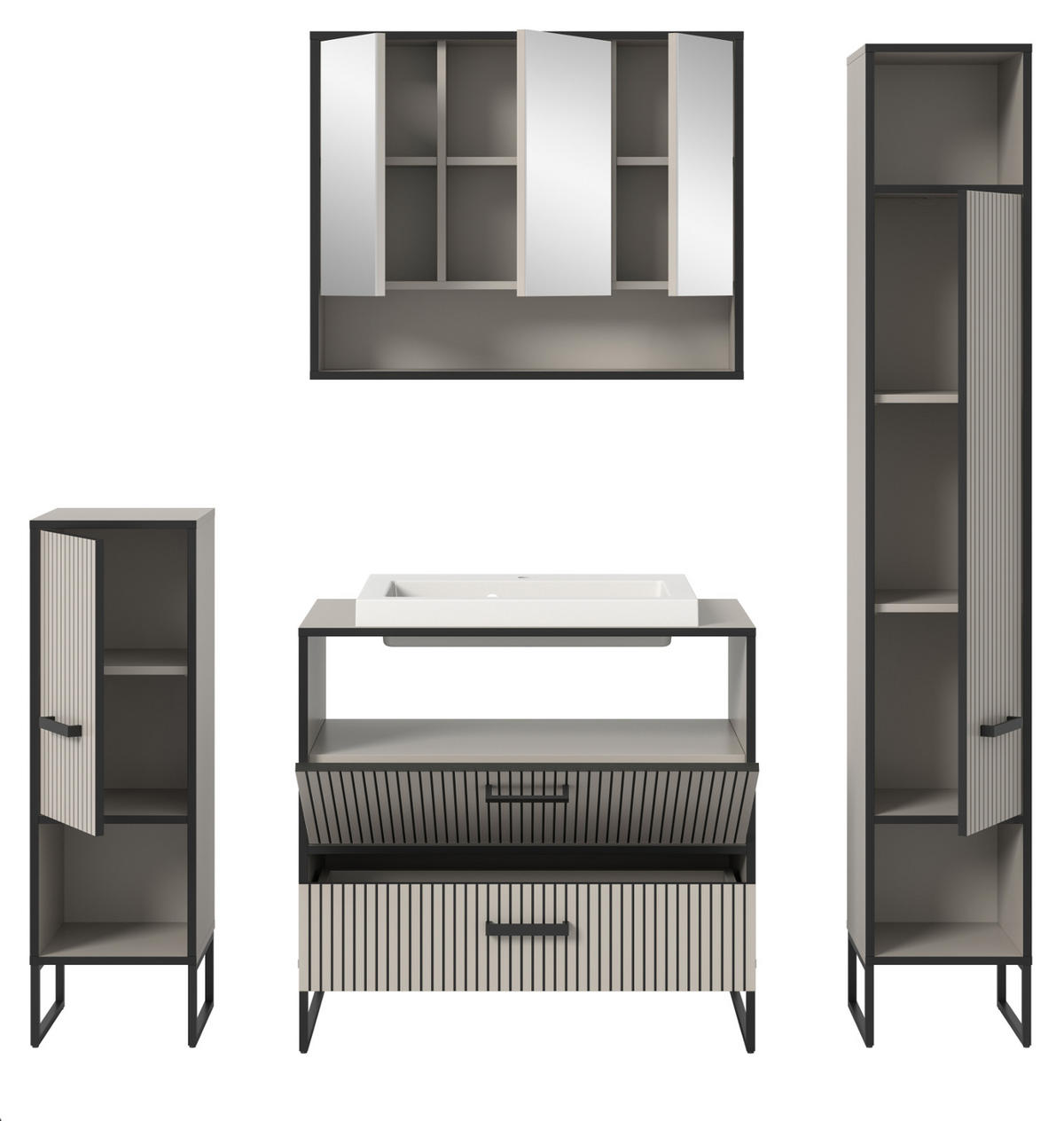 BADMÖBEL-SET schwarz, sand mit Waschbecken 170 cm, Kombination mit Soft-Close - Sandfarben/Schwarz, Glas/Keramik (170/192/48cm) - Inn.Furn