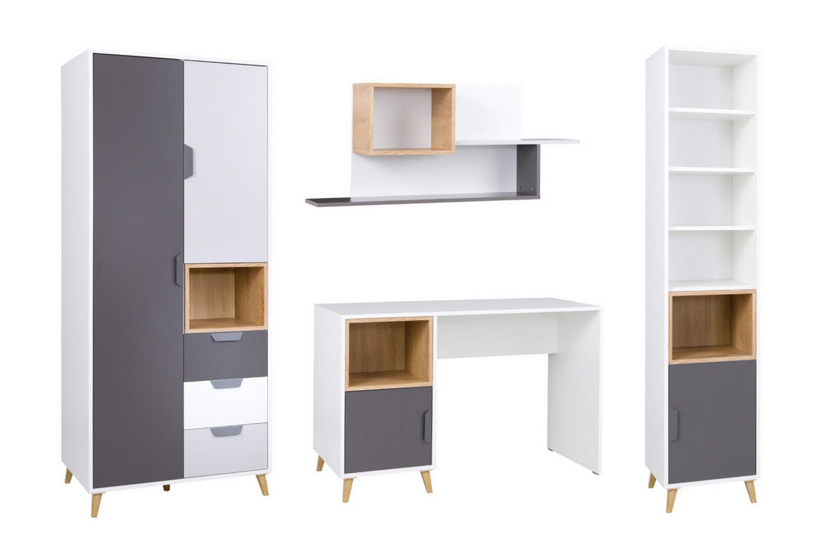 JUGENDZIMMER-SET JUSTIN D 4-teilig in Weiß / Graphit / Grau / Eiche - Eichefarben/Graphitfarben, Holzwerkstoff (241/190/55cm) - Deine Möbel 24