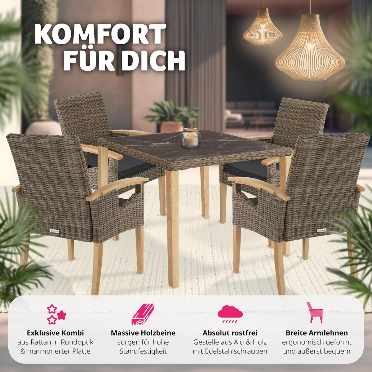 GARTENTISCH Tarent mit 4 Stühlen Rosarno, Armlehnen und Füße aus Holz, natur - Naturfarben, Kunststoff - tectake