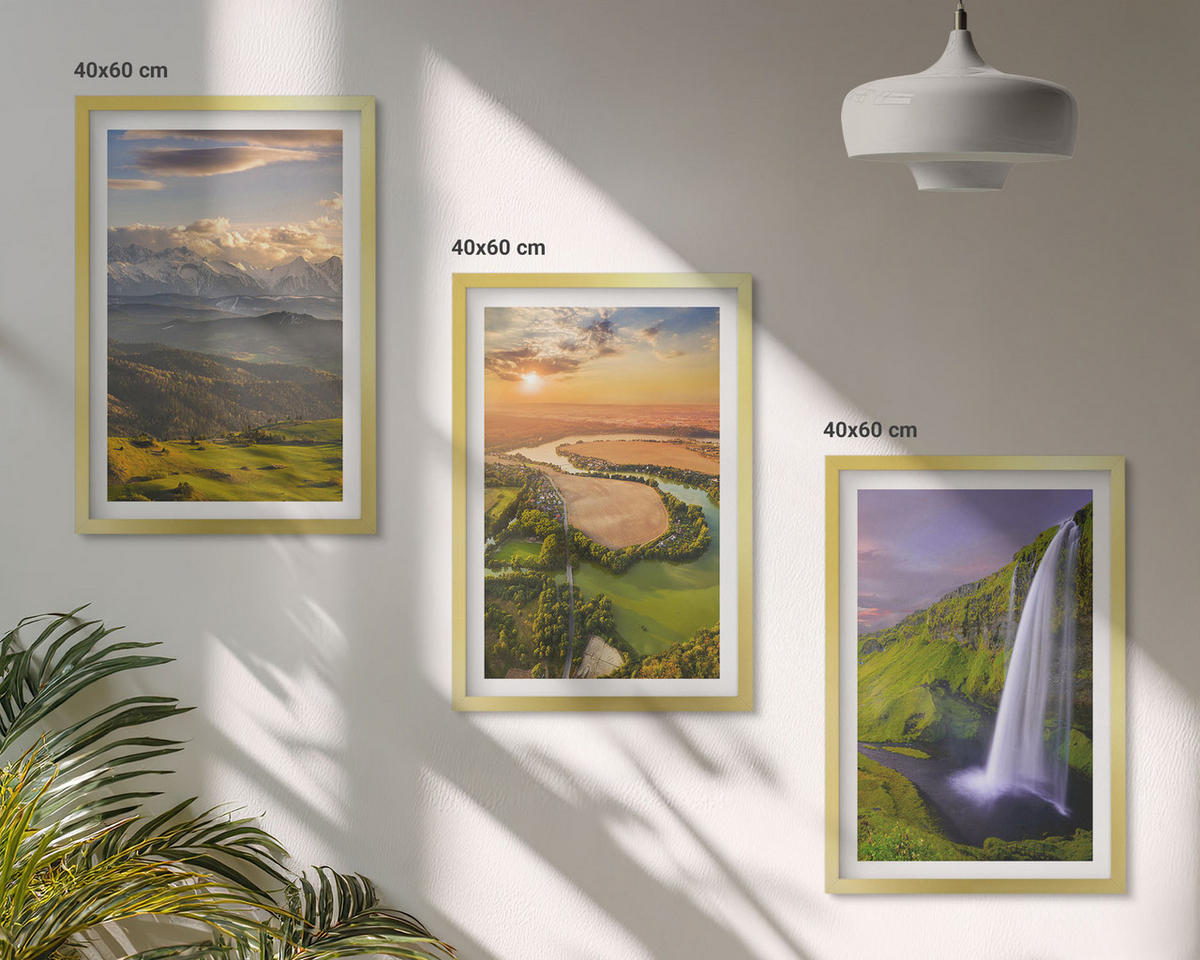BILDER SET 3er Set - 40x60 cm Goldrahmen - Gebirgsflüsse, Wasserfälle, Natur - Goldfarben, Kunststoff (40/60cm) - TULUP