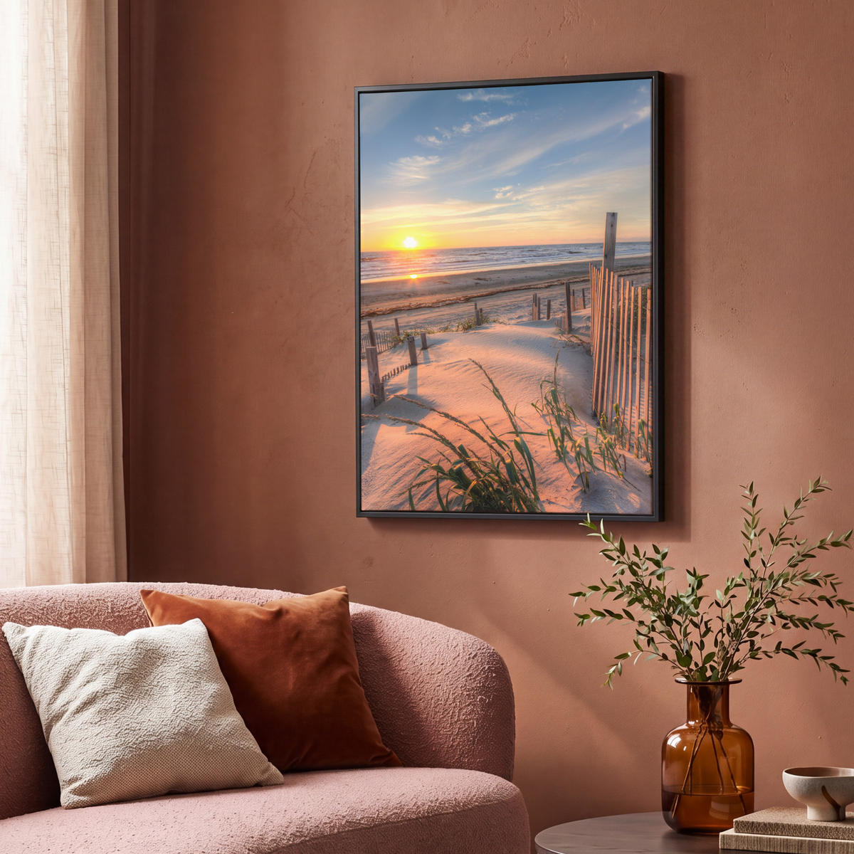 LEINWAND Bilder mit Rahmen - Strand - Meer - Düne - Sonnenuntergang - Landschaft - 70x100 - Beige, Textil (70/100cm) - MuchoWow