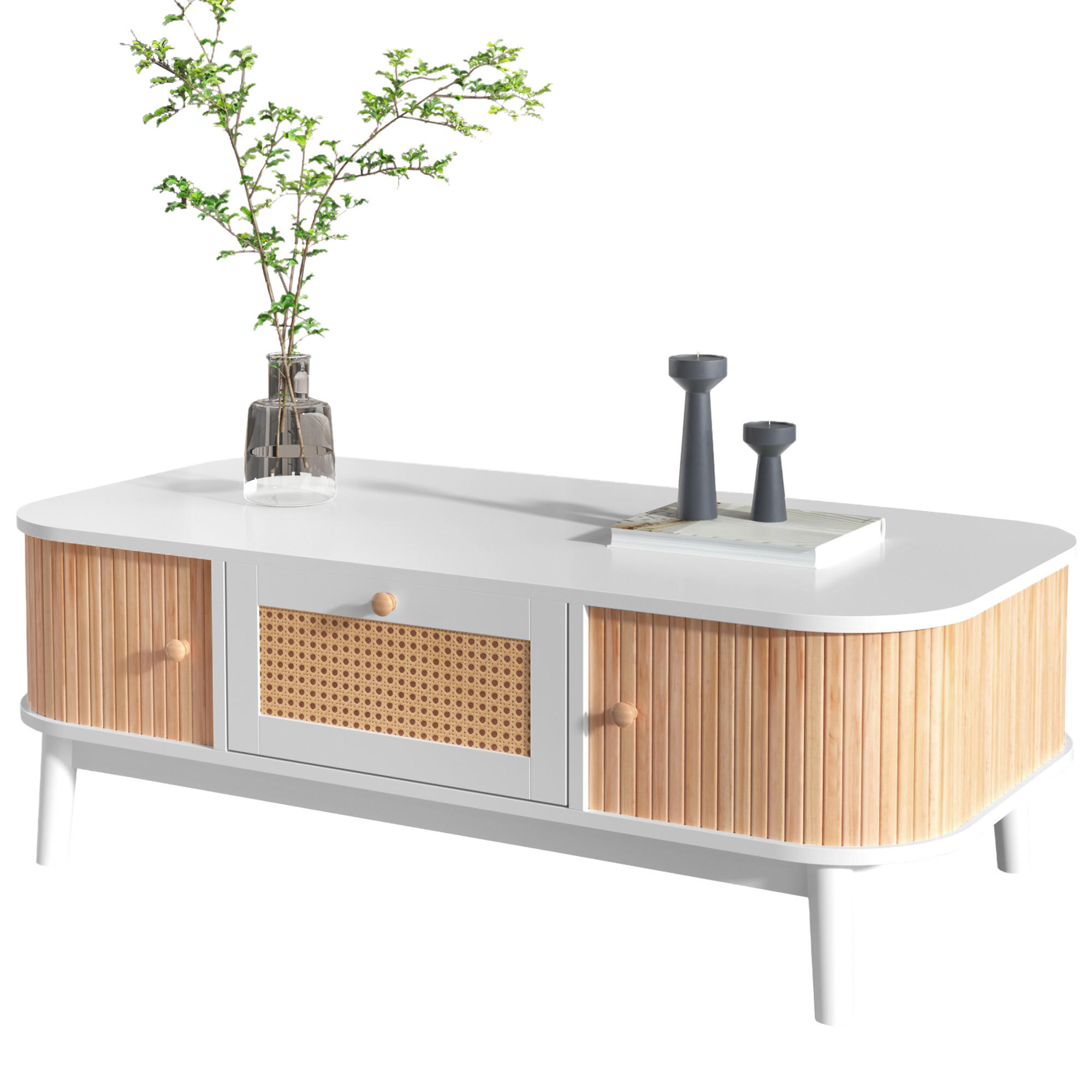 COUCHTISCH mit Schubladen Schiebetüren und Massivholzbeinen 110/55/38,5 cm - Naturfarben/Weiß, Holzwerkstoff (110/55/38.5cm) - EVRYAE