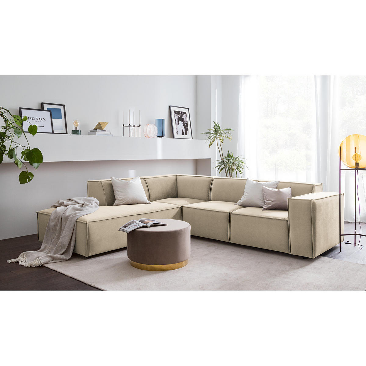 ECKSOFA mit Ottomane - Beige/Schwarz, Kunststoff/Textil (260/234cm) - home24