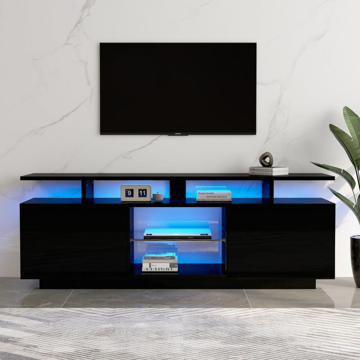TV-LOWBOARD 140/35/55 cm mit LED-Beleuchtung und 2 Türen in Schwarz - Schwarz, Holzwerkstoff (140/55/35cm) - BEAOK