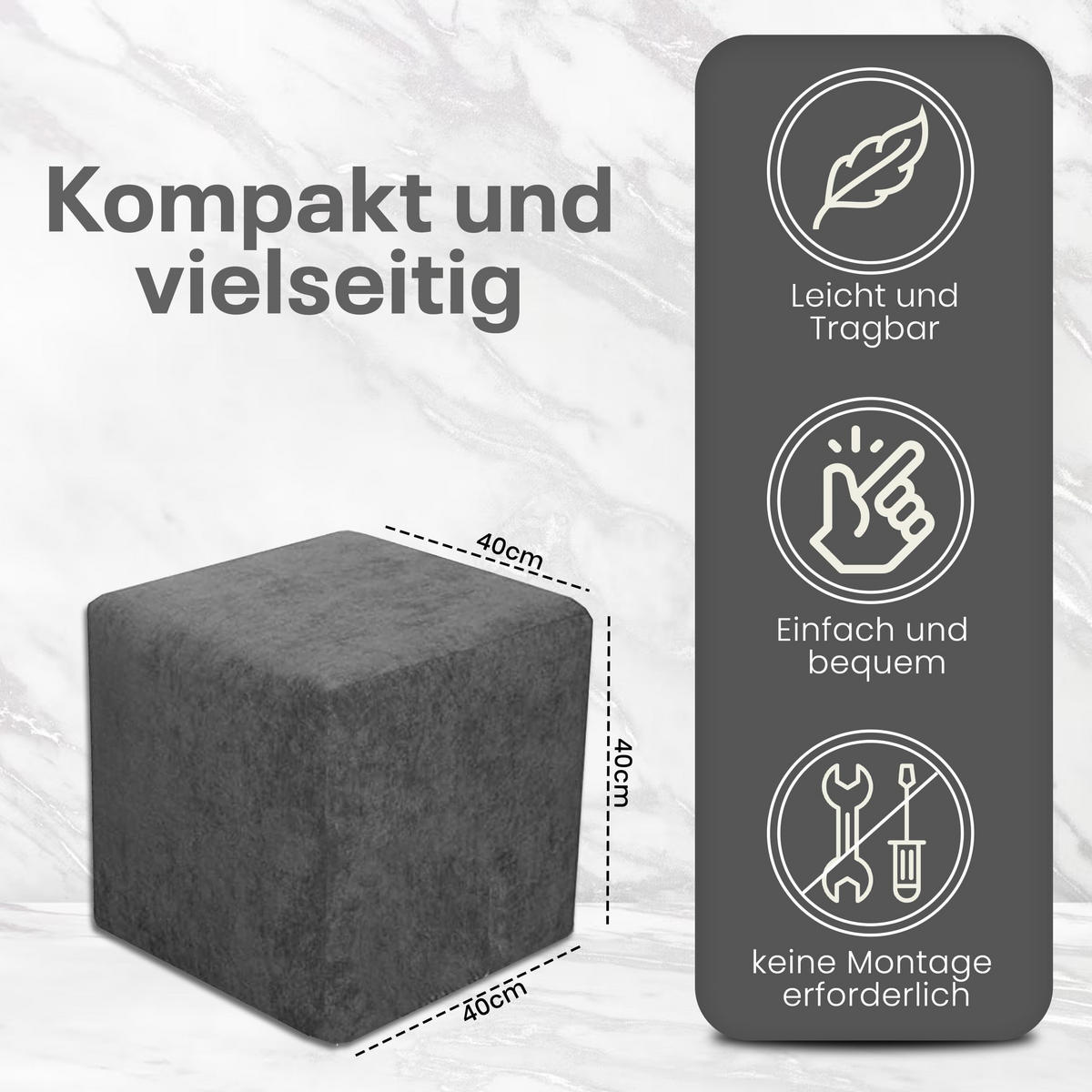 SITZWÜRFEL 40 x 40 x 40 cm Anthrazit mit Polsterung und Holzwerkstoffrahmen für Wohnzimmer - Dunkelgrau/Anthrazit, Textil (40/40/40cm) - Best For Home
