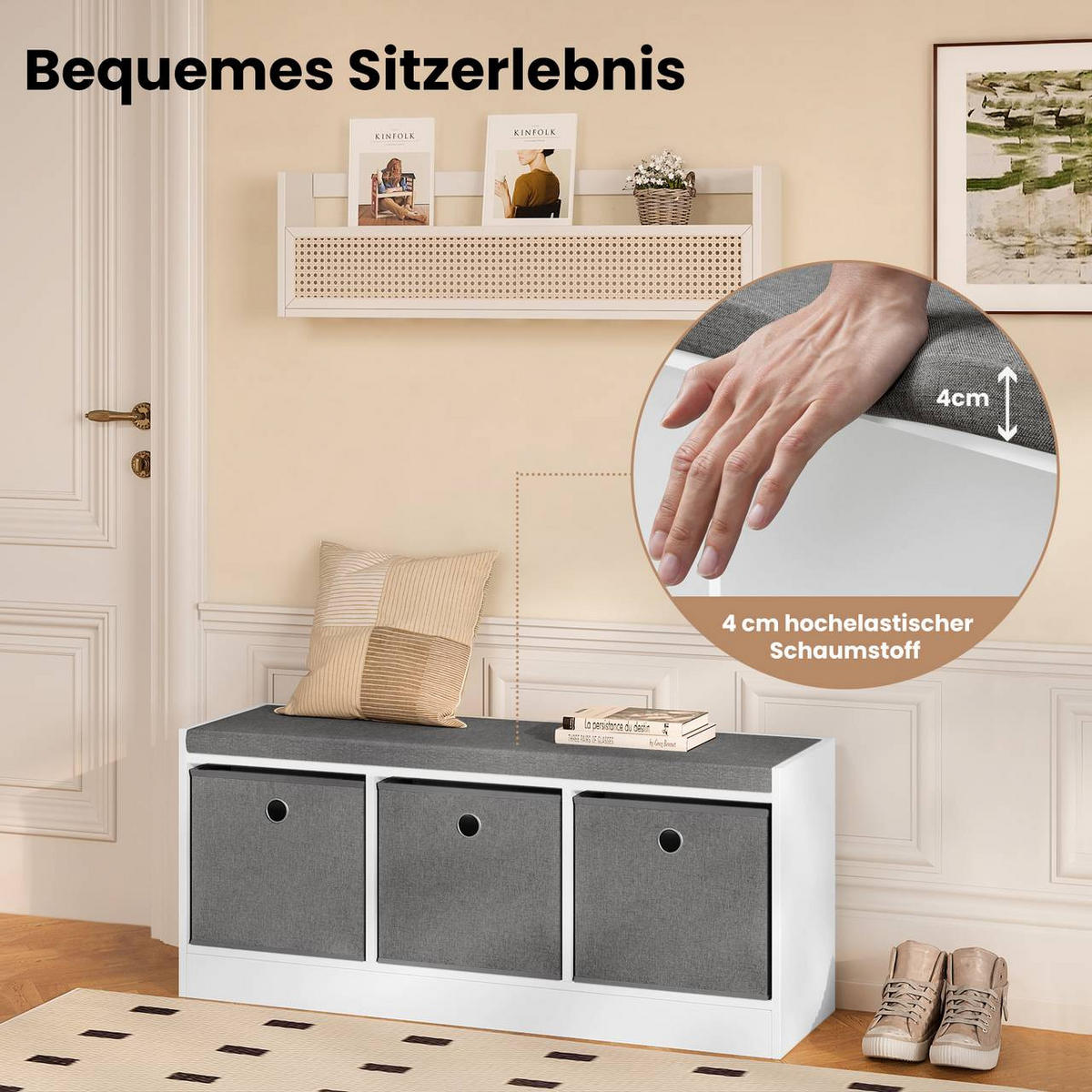 SITZBANK mit 3 Stoffschubladen, Weiß Grau - Weiß/Grau, Holzwerkstoff/Kunststoff (102/45.5/32cm) - Woltu