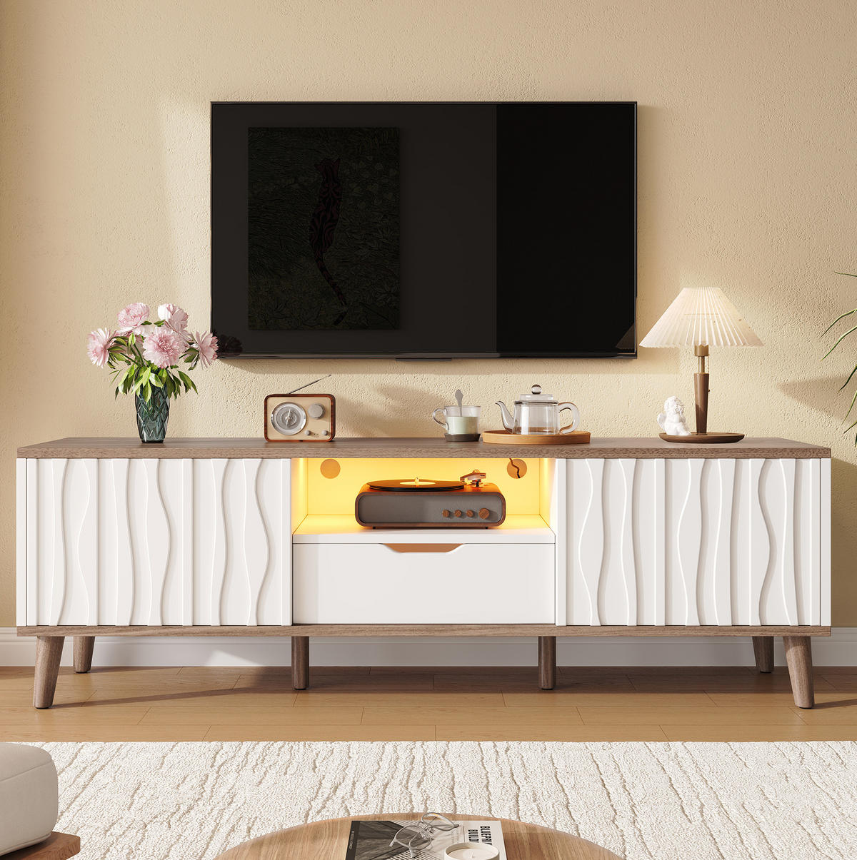 TV-ELEMENT mit LED-Beleuchtung 160 x 40 x 52 cm Weiß Deep Walnut - Weiß, Holzwerkstoff (40/52/160cm) - Beauniv