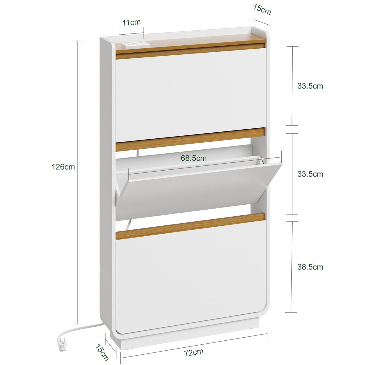 SCHUHSCHRANK mit Steckdose und USB-Ladefunktion FSR228-E-WN - Ahornfarben/Weiß, Holzwerkstoff/Fell (15/126/72cm) - SoBuy