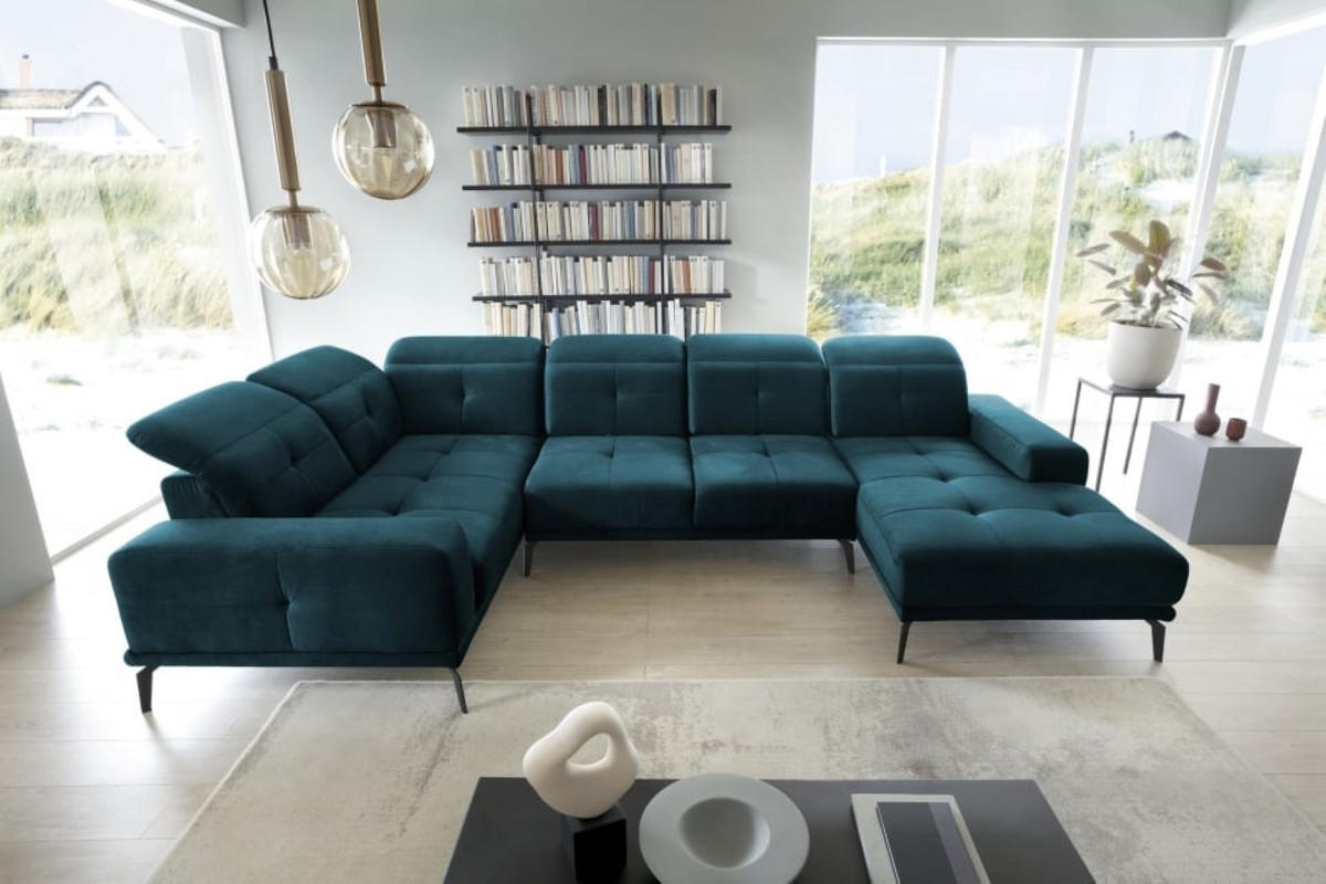 WOHNLANDSCHAFT mit Sitztiefenverstellung, wasserabweisender Nube-Stoff der Spitzenklasse - Schwarz/Dunkelblau, Textil/Metall (350/77/210cm) - Eltap