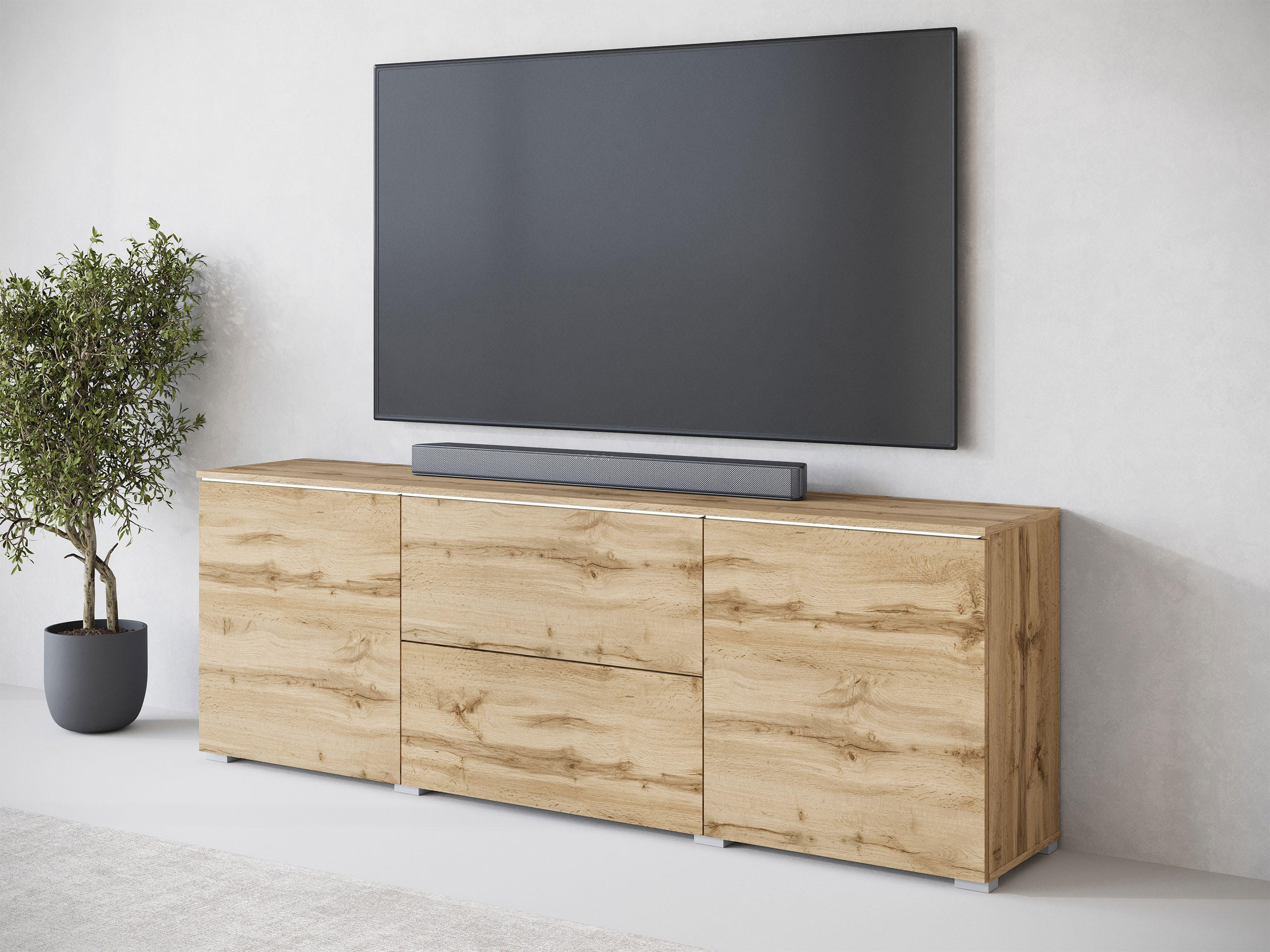 TV-LOWBOARD Vera 180 mit weißer LED Beleuchtung - Silberfarben/Eiche Wotan, Holzwerkstoff/Kunststoff (180/62/35cm) - MIRJAN24
