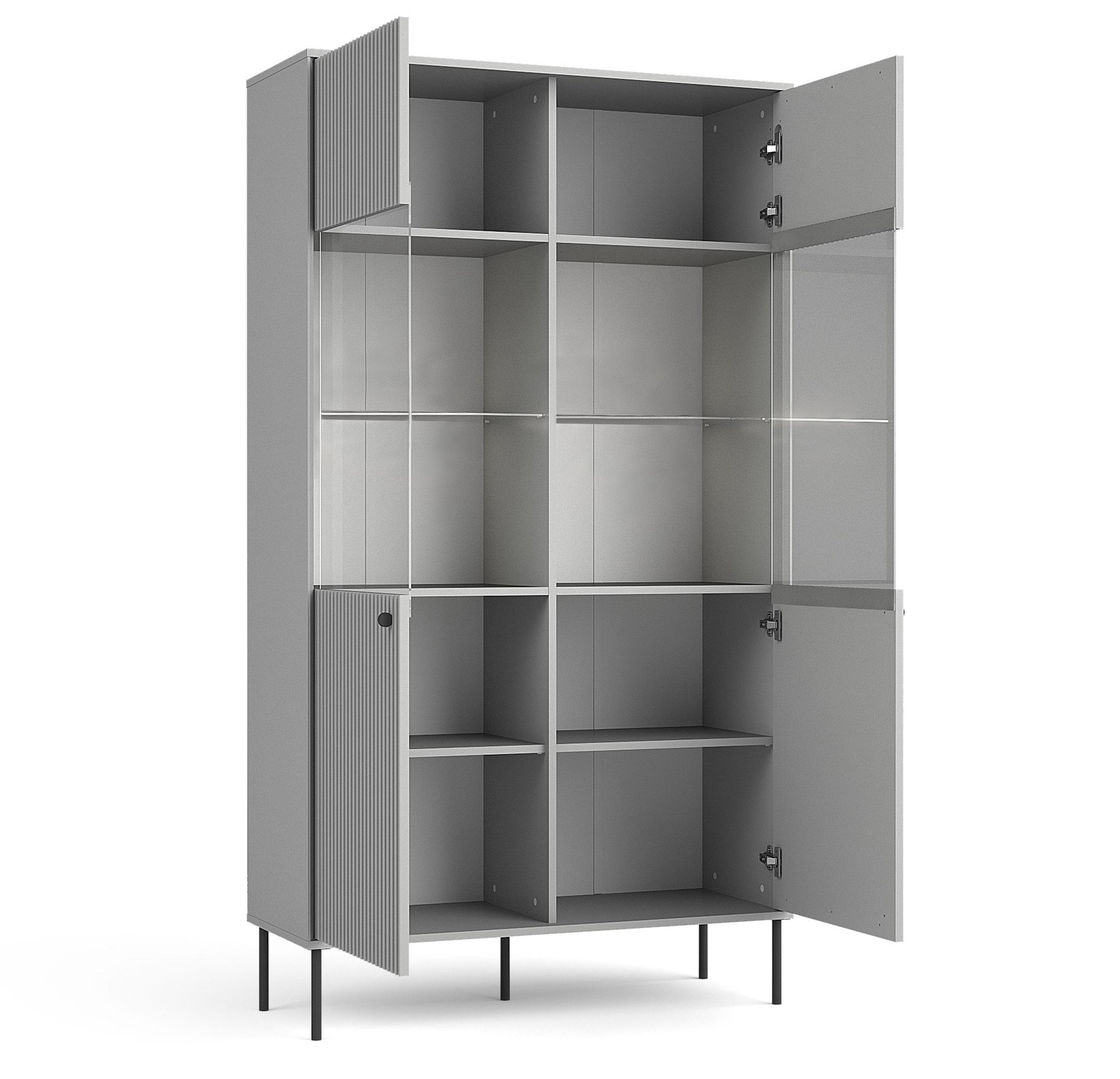 VITRINE Irelis 2T Grau 105,4/192,6/41 cm – mit geriffelten Fronten und Glastüren, mit schwarzen Beinen - Schwarz/Grau, Holzwerkstoff/Metall (105.4/192.6/41cm) - AX Living