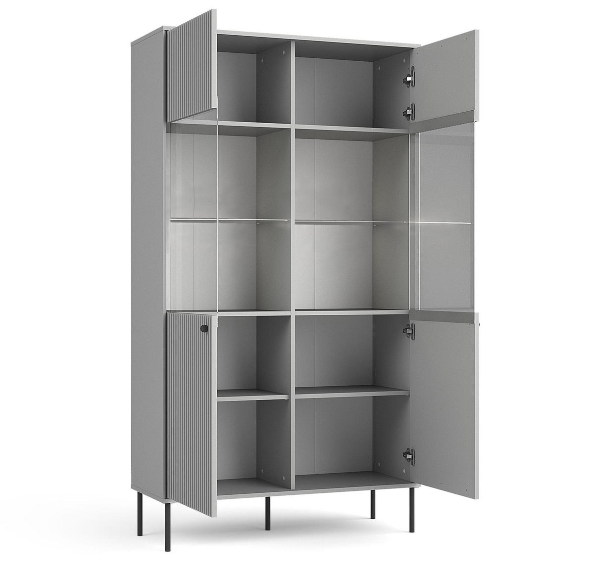 VITRINE Irelis 2T Grau 105,4/192,6/41 cm – mit geriffelten Fronten und Glastüren, mit schwarzen Beinen - Schwarz/Grau, Holzwerkstoff/Metall (105.4/192.6/41cm) - AX Living