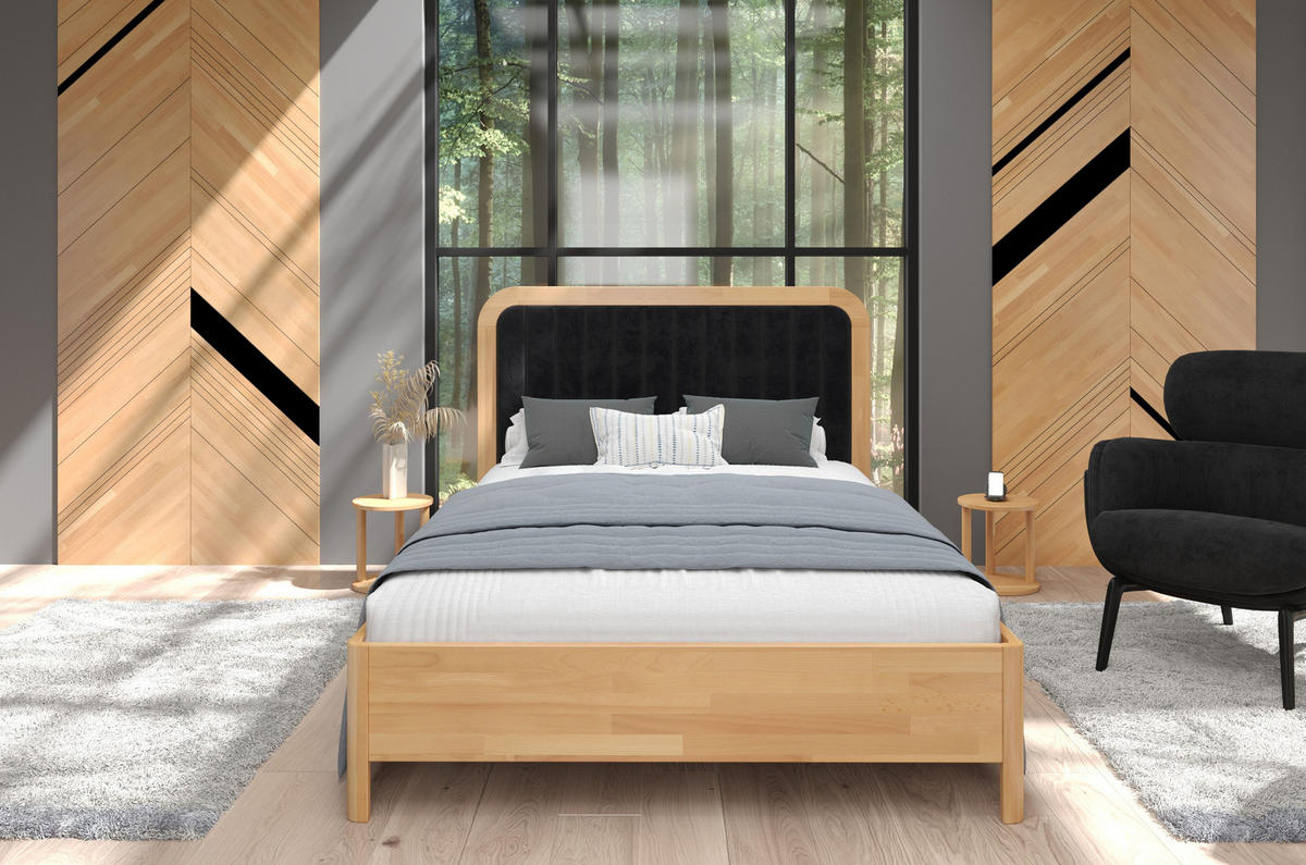 MASSIVHOLZBETT Modena, gepolstertes Kopfteil, Buche - lackiert, Naturfarben/Schwarz, 140x200 - Buchefarben/Schwarz, Holz/Buchenholz (140/200cm) - Visby