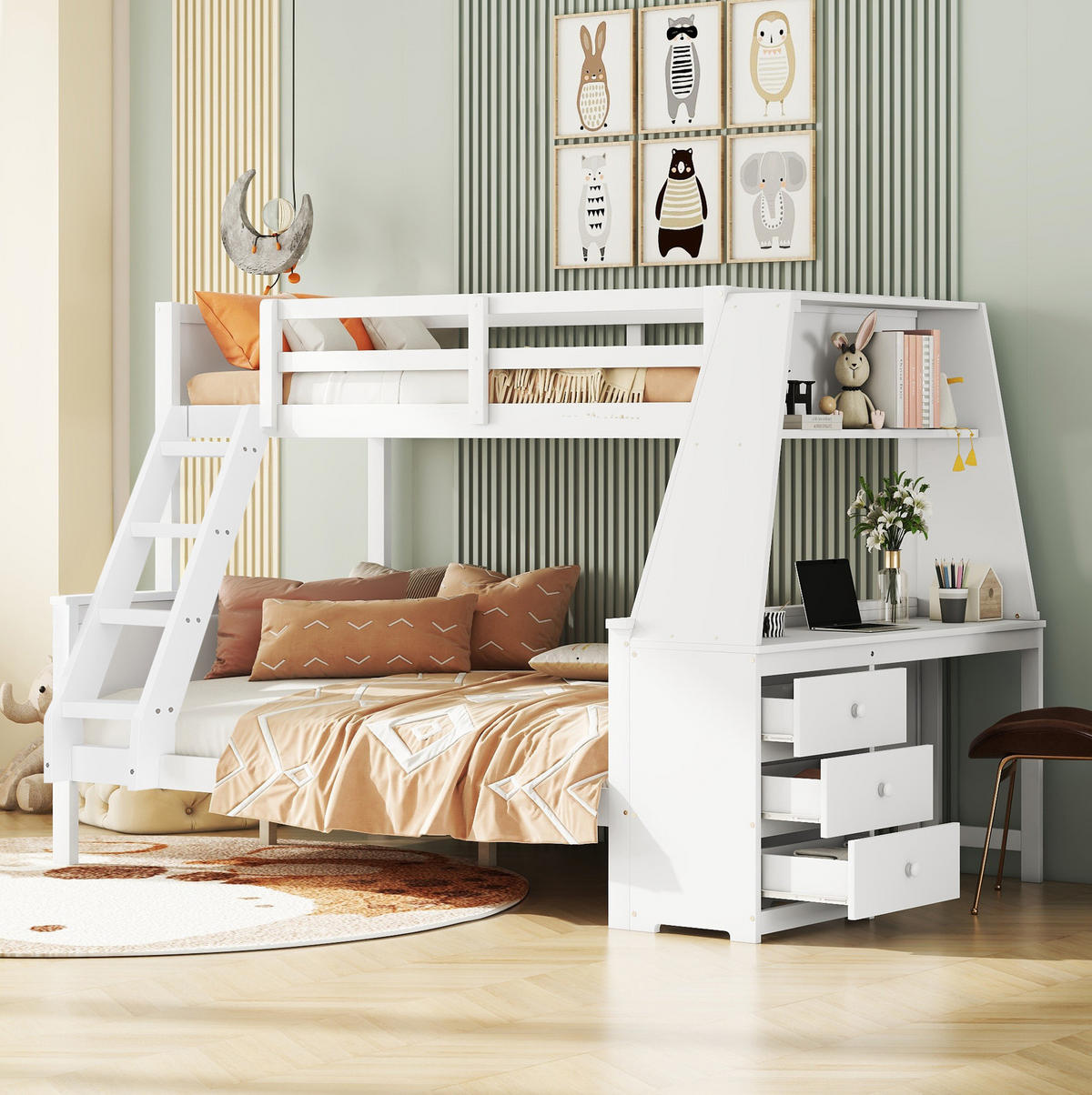 ETAGENBETT 90/200 cm + 140/200 cm mit Schreibtisch, Bücherregal und Stauraum aus Massivholz, Weiß - Weiß, Holz (90/200cm) - Redom