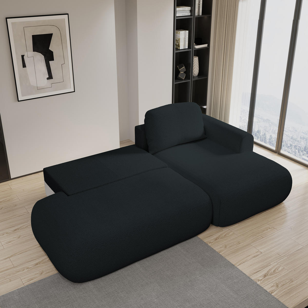 ECKSOFA NUVIRA R-S Schwarz Boucle-Stoff mit Schlaffunktion - Schwarz, Holz (274/165cm) - MASSENO