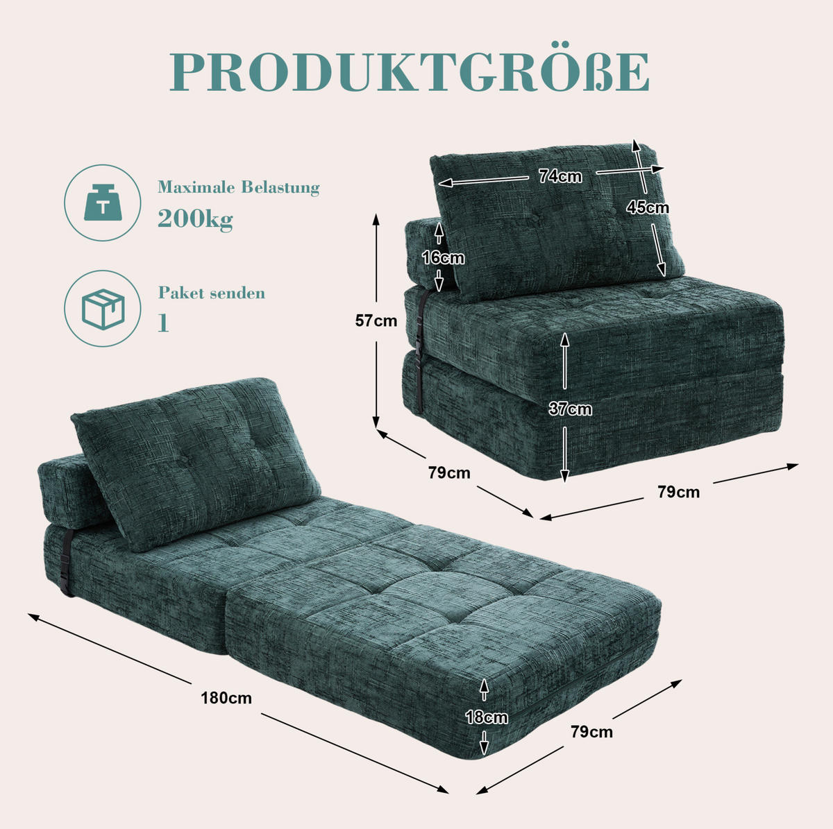 SCHLAFSESSEL klappbar 79x180 cm Chenille Emerald - Grün, Kunststoff (79/57/79cm) - Beauniv