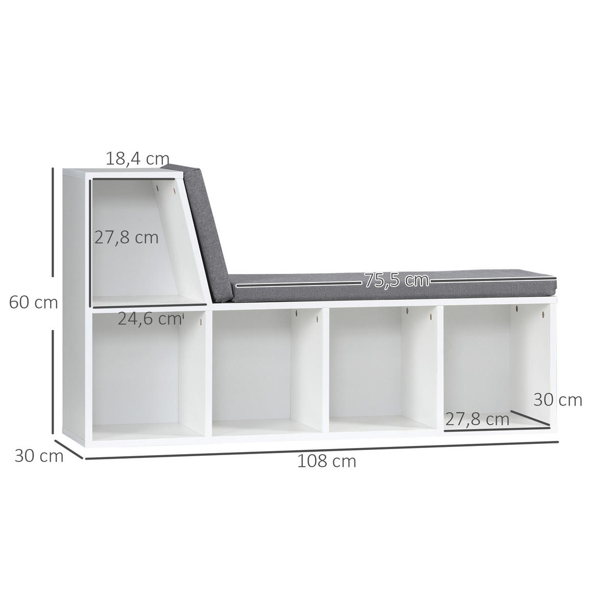 BÜCHERREGAL 108/30/60 cm Weiß/Grau - Weiß, Karton (108/60/30cm)