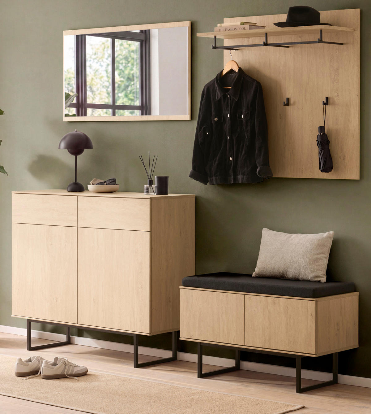 GARDEROBE-SET Stone Eiche 5-teilig 215 cm, Garderobenkombination in modernem Design - Eichefarben/Schwarz, Holzwerkstoff/Metall (215/200/40cm) - Furn.Design