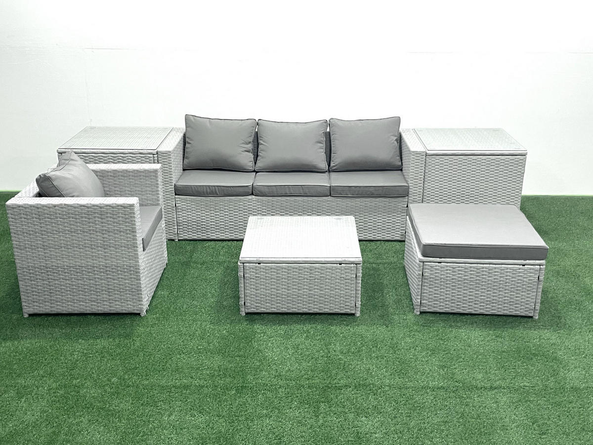 GARTENMÖBELSET mit 3-SITZER SOFA,COUCHTISCH Polyrattan Hellgrau-Mix 5-Sitzer - Hellgrau/Grau, Glas/Kunststoff - Fimous