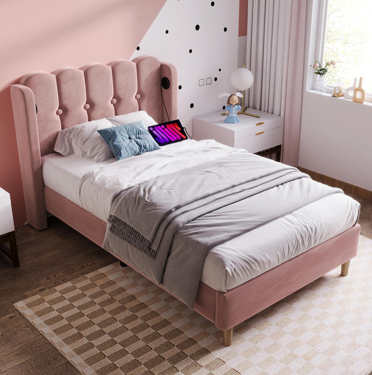 POLSTERBETT 90/200 cm in Rosa aus Samt mit USB- und Type-C-Anschlüssen - Rosa, Textil (90/200cm) - Flora Grace