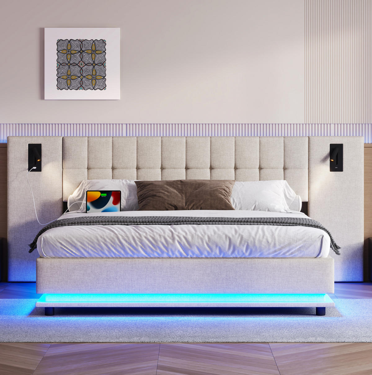 ČALÚNENÁ posteľ z ľanu a MDF 180x200 cm béžová s LED osvetlením, USB portom, čítacím bodom a bez matraca - béžová, textil (180/200cm) - Modfu