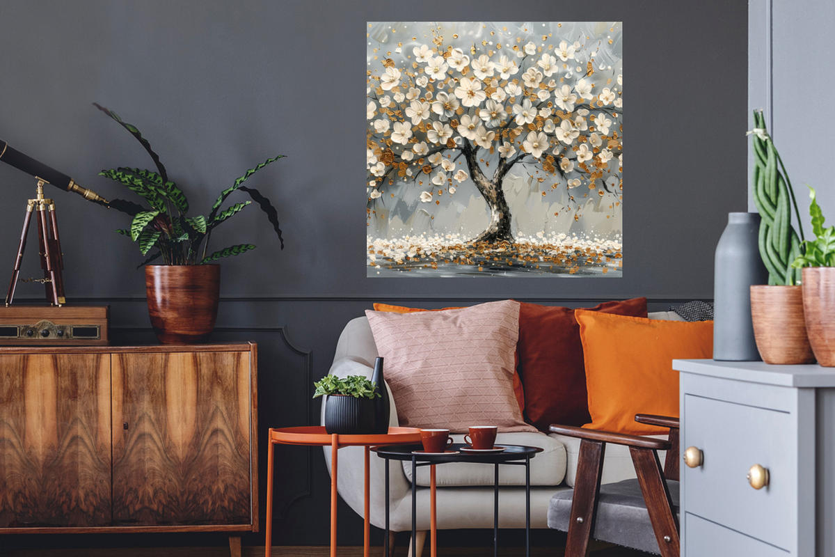 WANDTATTOO Baum - Blumen - Weiß - Natur - Kunst 50x50 cm - Weiß, Kunststoff (50/50/0.1cm) - MuchoWow