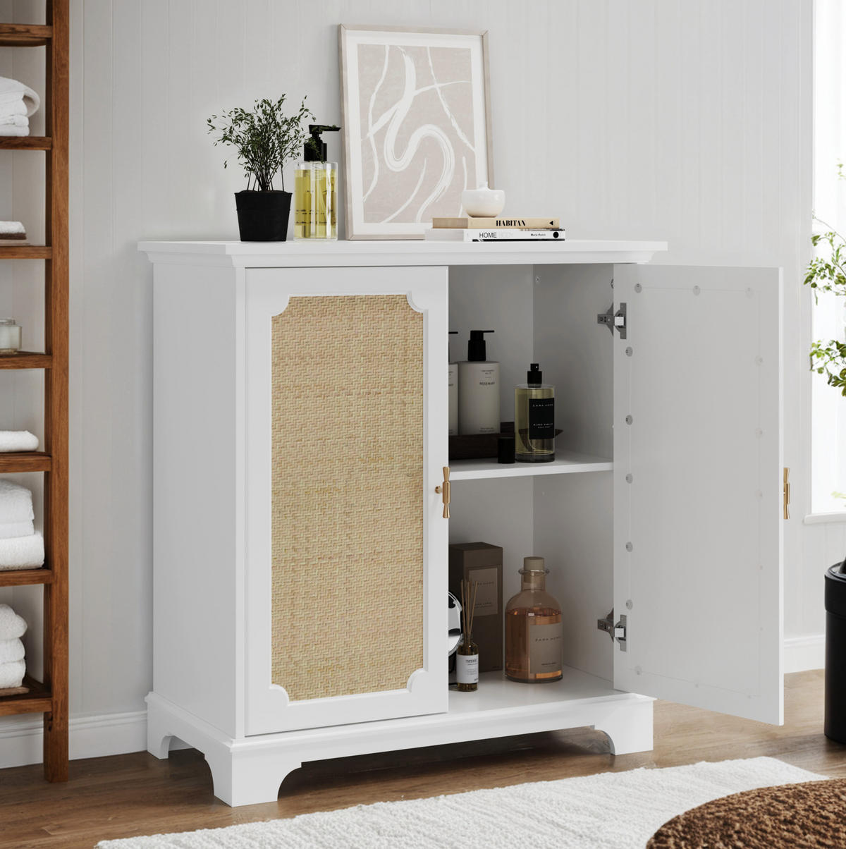 KOMMODE 80/38/86 cm, Rattan-Türen, Weiß, MDF/Spanplatte mit Massivholzbeinen, viel Stauraum, Weiß - Weiß, Holzwerkstoff (80/86/38cm) - Redom