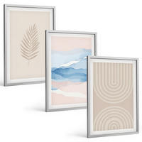 BILDER SET 3er Set - 40x60 cm Silberner Rahmen - Blätterwellen beige blau - Silberfarben, Kunststoff (40/60cm) - TULUP