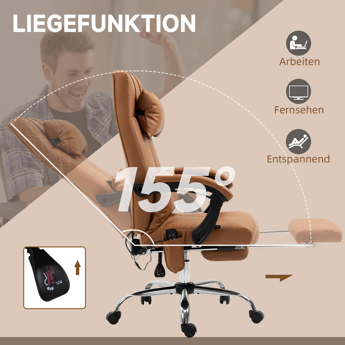 BÜROSTUHL mit Massagefunktion, Braun - Braun, Leder (67/123/66cm) - Vinsetto