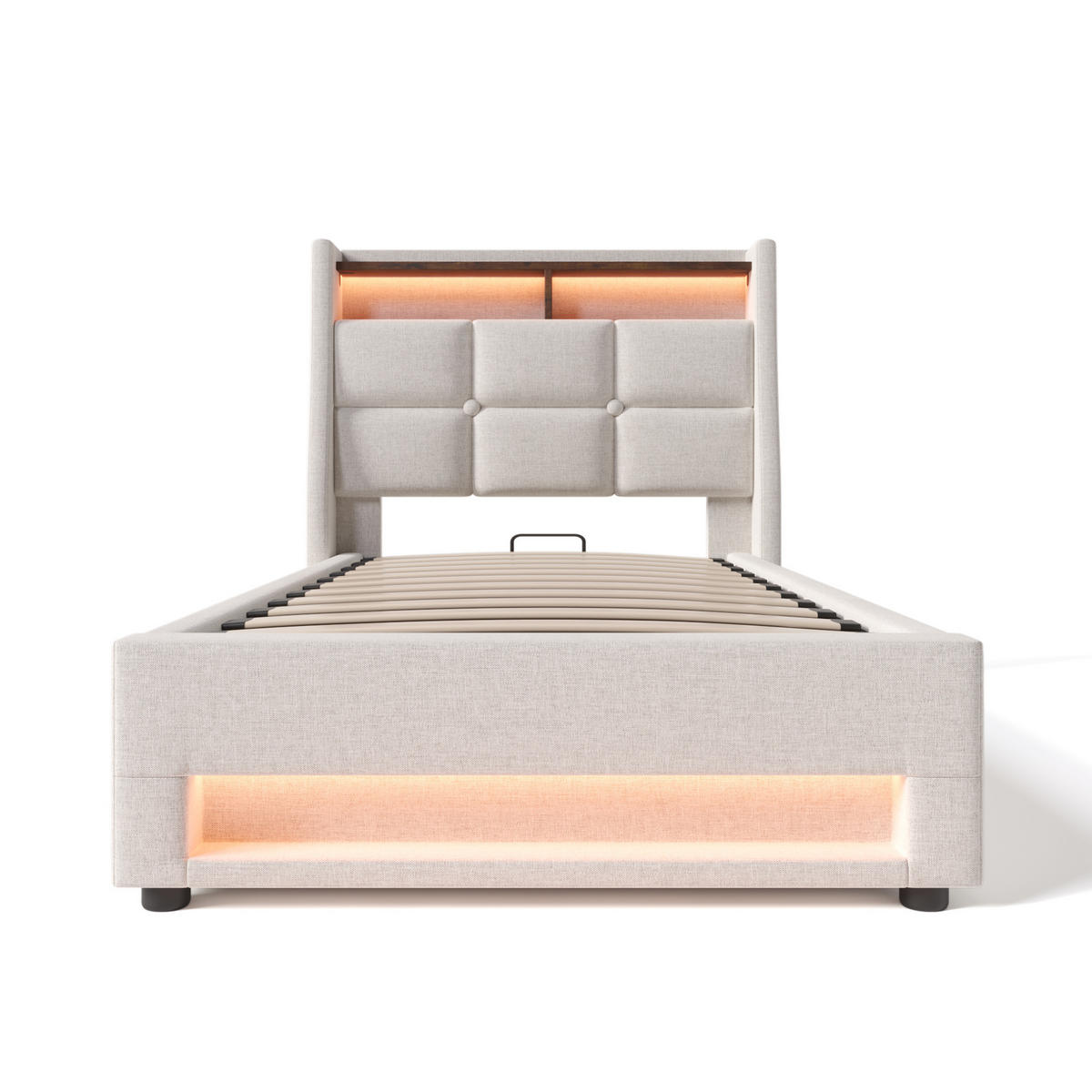 POLSTERBETT mit LED-Beleuchtung 90/200 cm mit Bettkasten, USB und gepolstertem Kopfteil - Beige, Textil (90/200cm) - BEAOK