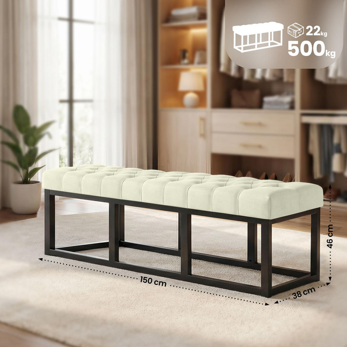 SITZBANK 150/38 cm Stoff Creme - Creme/Schwarz, Textil/Metall (150/46/38cm) - CLP